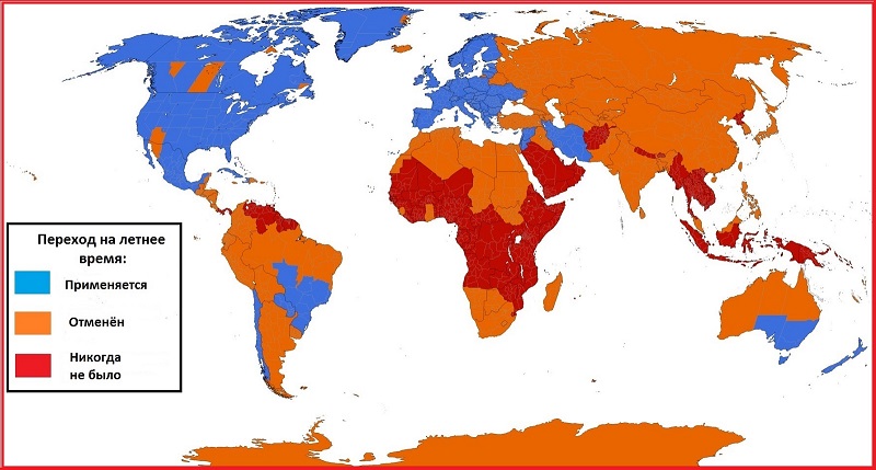 Карта мира, показывающая использование перехода на летнее время